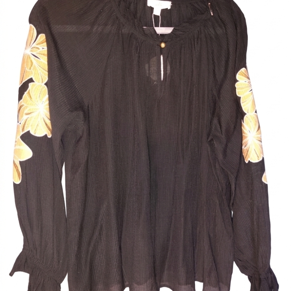 Oddi Embroidered Women's Black Peasant Blouse with Tan Floral‎ Sleeves Large Nwt